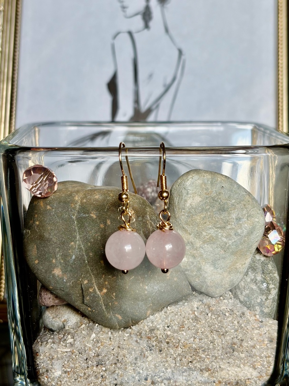 Gold-Tone Rose Quartz Drop Earrings - Elegant Pink Gemstone